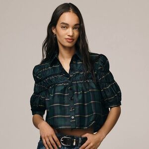 Maeve The Leandra Taffeta Shirred Yoke Blouse | Green Multi Plaid Size Small